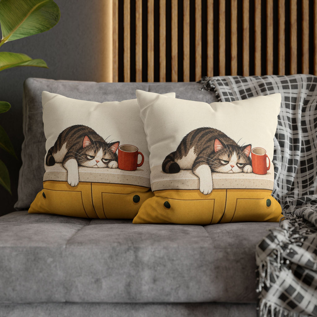 Before Coffee: Cat Edition II – Funny Kitchen Art with a Counter Slump and Empty Mug – Pillow / Cover