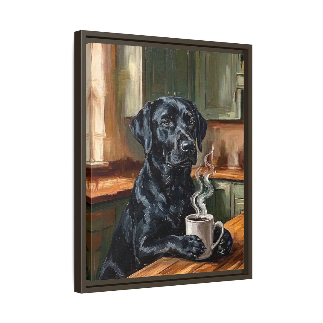 "Before Coffee" - Labrador Vertical Framed Canvas - Dog Lover Wall Art