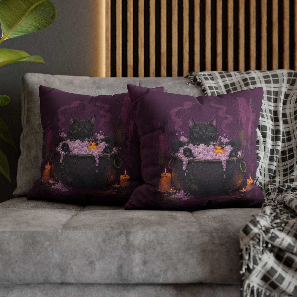 The Familiar's Bath Night – Black Cat Art with a Bubbling Cauldron Soak – Pillow / Cover