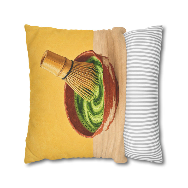 The Matcha Ceremony – Matcha Wall Art with a Bamboo Whisk and Green Spiral – Pillow / Cover