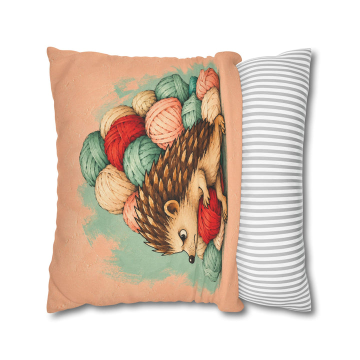 The Stash – Crochet Wall Art with a Hedgehog Guarding a Wool Hoard – Pillow / Cover