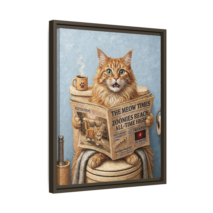 "Morning Business" - Fluffy Orange Longhair Vertical Framed Canvas - Cat Lover Wall Art