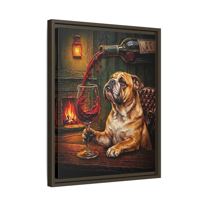 "Wine & Woof" - English Bulldog Vertical Framed Canvas - Dog Lover Wall Art