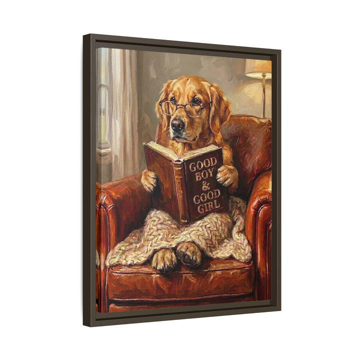 "Evening Read" - Golden Retriever Vertical Framed Canvas - Dog Lover Wall Art