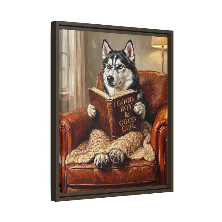 "Evening Read" - Husky Vertical Framed Canvas - Dog Lover Wall Art