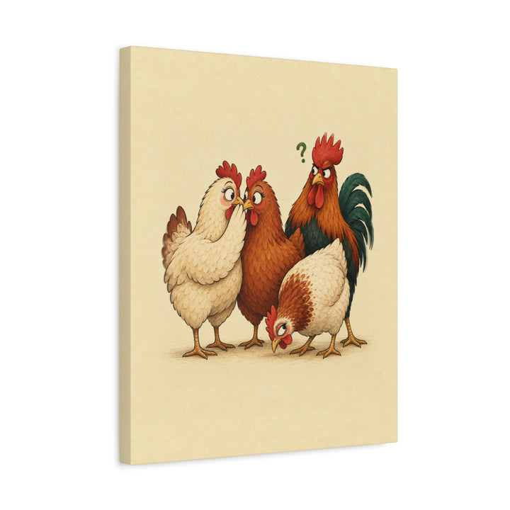 Coop Gossip – Chicken Wall Art with Two Hens and a Third Pretending – Canvas / Framed Canvas