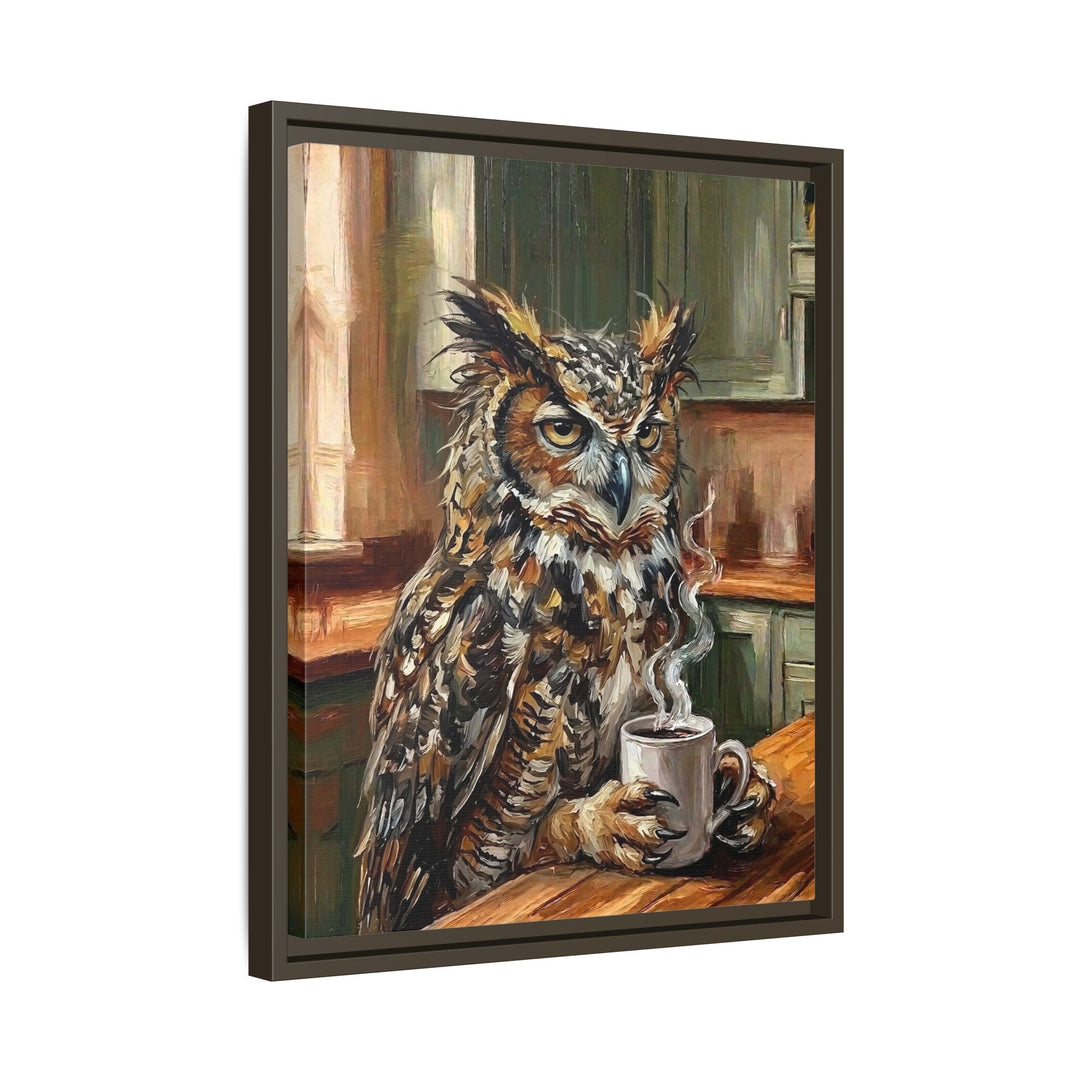 "Coffee & Silence" - Owl Vertical Framed Canvas - Spirit Animal Wall Art