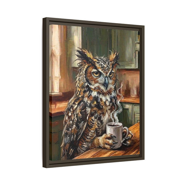 "Coffee & Silence" - Owl Vertical Framed Canvas - Spirit Animal Wall Art
