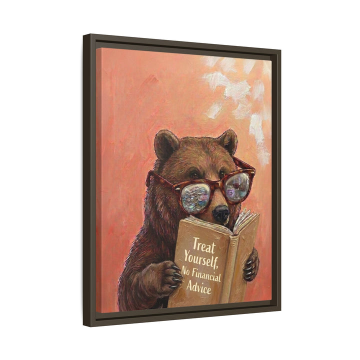 "Treat Yourself" - Bear Vertical Framed Canvas - Animal Book Humor Wall Art