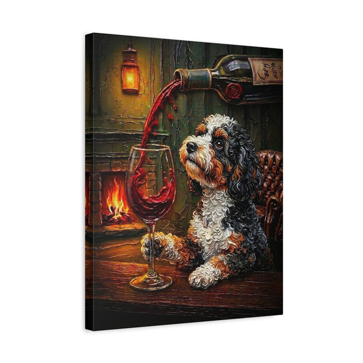 "Wine & Woof" - Bichon Frise Vertical Canvas - Dog Lover Wall Art