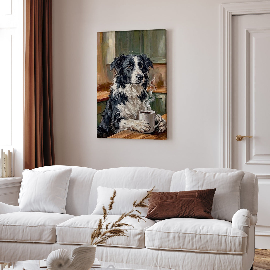 "Before Coffee" - Border Collie Vertical Canvas - Dog Lover Wall Art