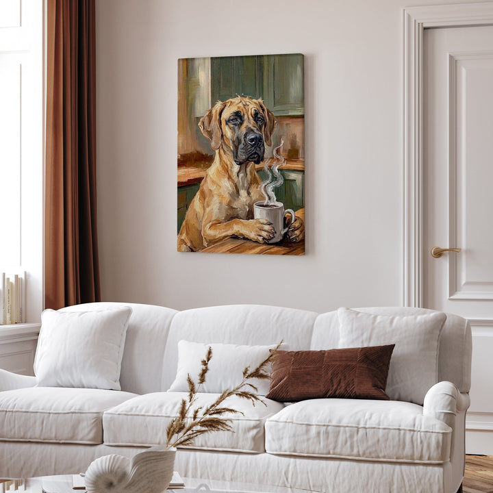 "Before Coffee" - Great Dane Vertical Canvas - Dog Lover Wall Art
