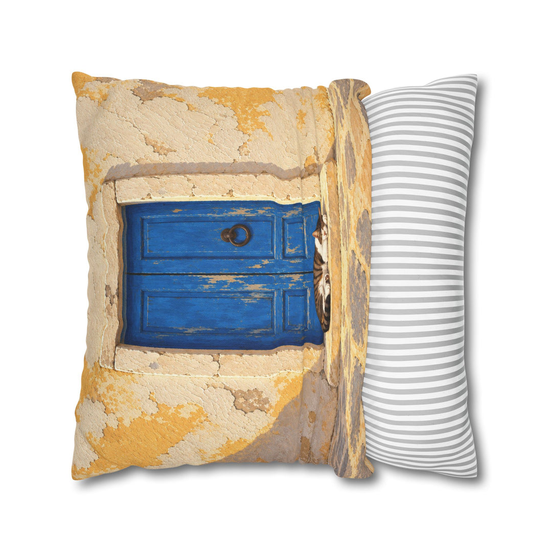 The Blue Door – Window Wall Art with a Weathered Portal and a Napper – Pillow / Cover