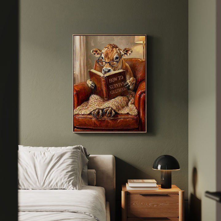"Survive Adulthood" - Cow Vertical Framed Canvas - Spirit Animal Wall Art
