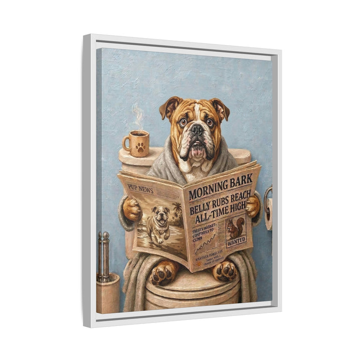 "Morning Business" - English Bulldog Vertical Framed Canvas - Dog Lover Wall Art