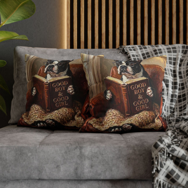 "Evening Read" - Boston Terrier Pillow Cover - Dog Lover Home Decor