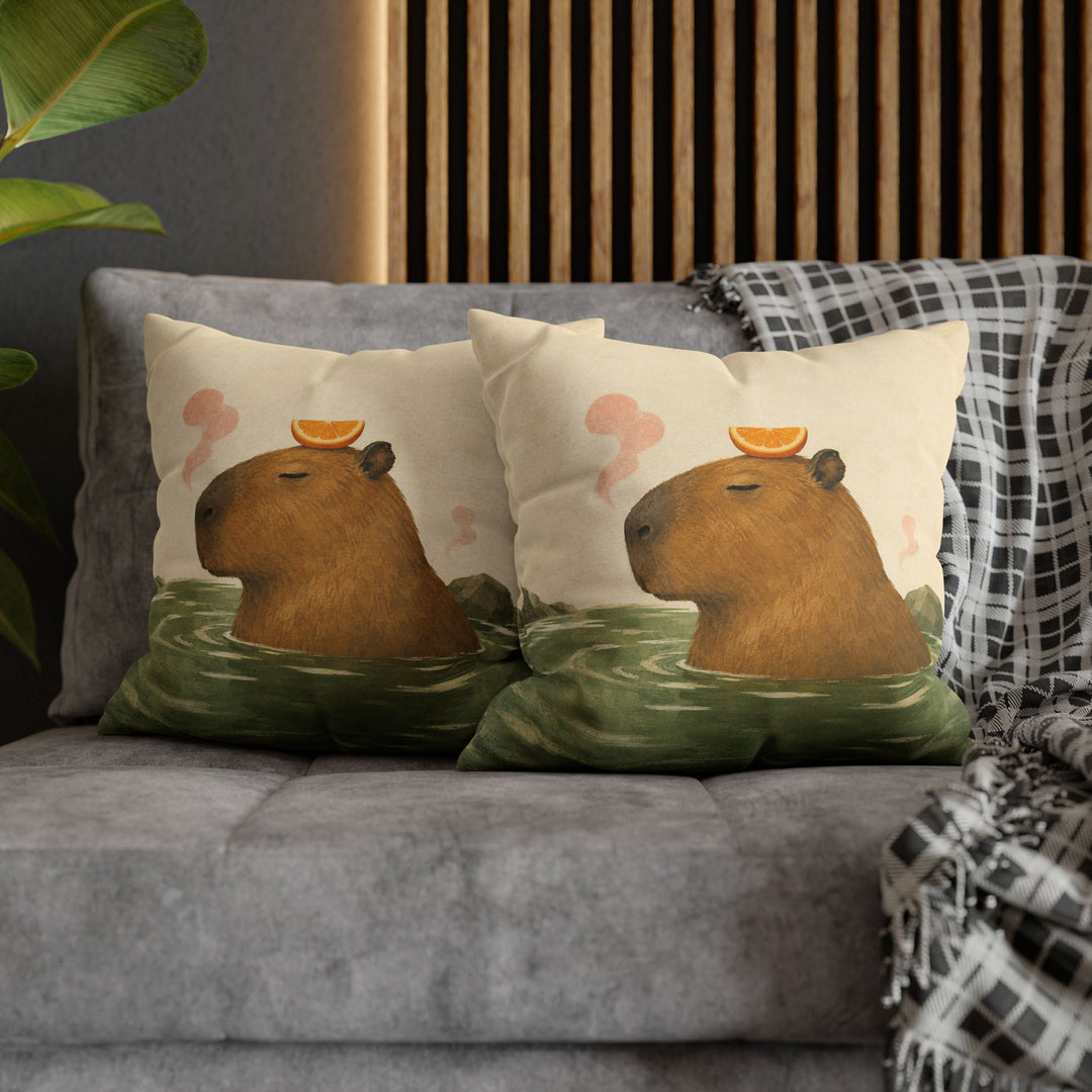 Orange Slice Day – Capybara Wall Art with a Citrus Crown at the Spring – Pillow / Cover