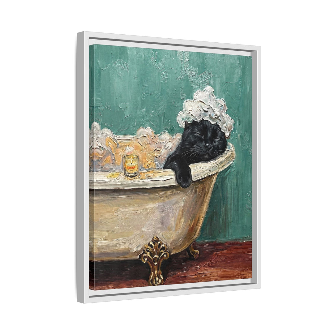 "Spa Day" - Black Vertical Framed Canvas - Cat Lover Wall Art