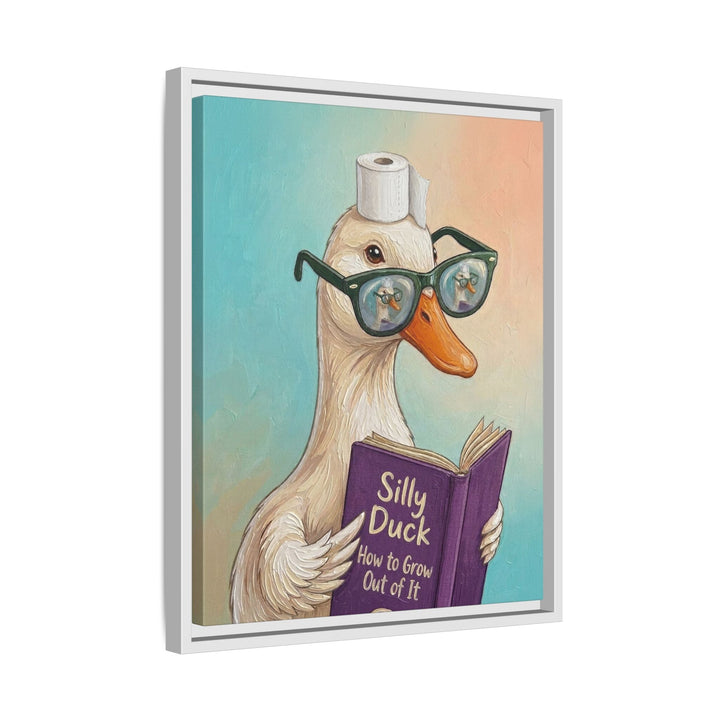 "Silly Duck" - Duck Vertical Framed Canvas - Animal Book Humor Wall Art