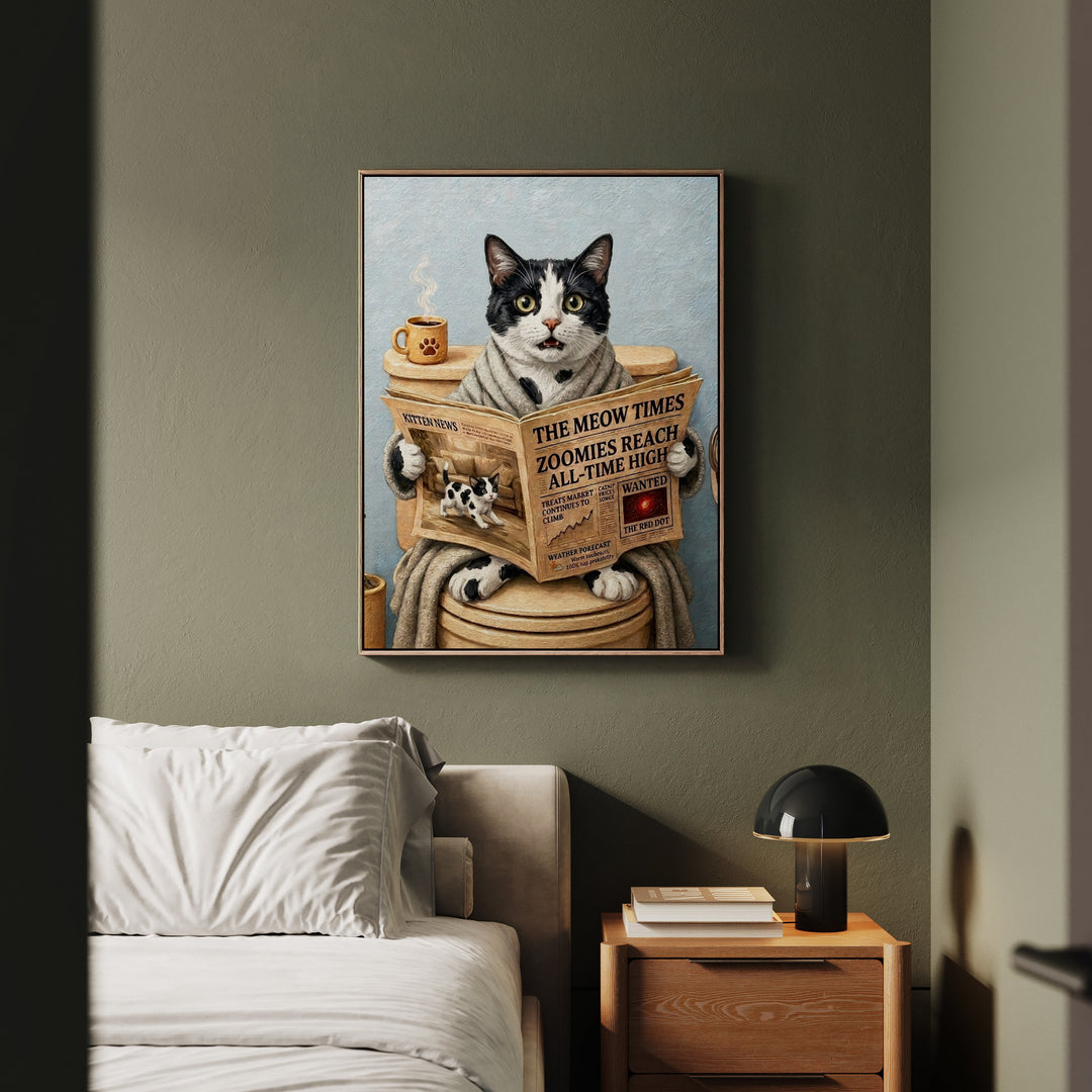 "Morning Business" - Black & White Bicolor Vertical Framed Canvas - Cat Lover Wall Art