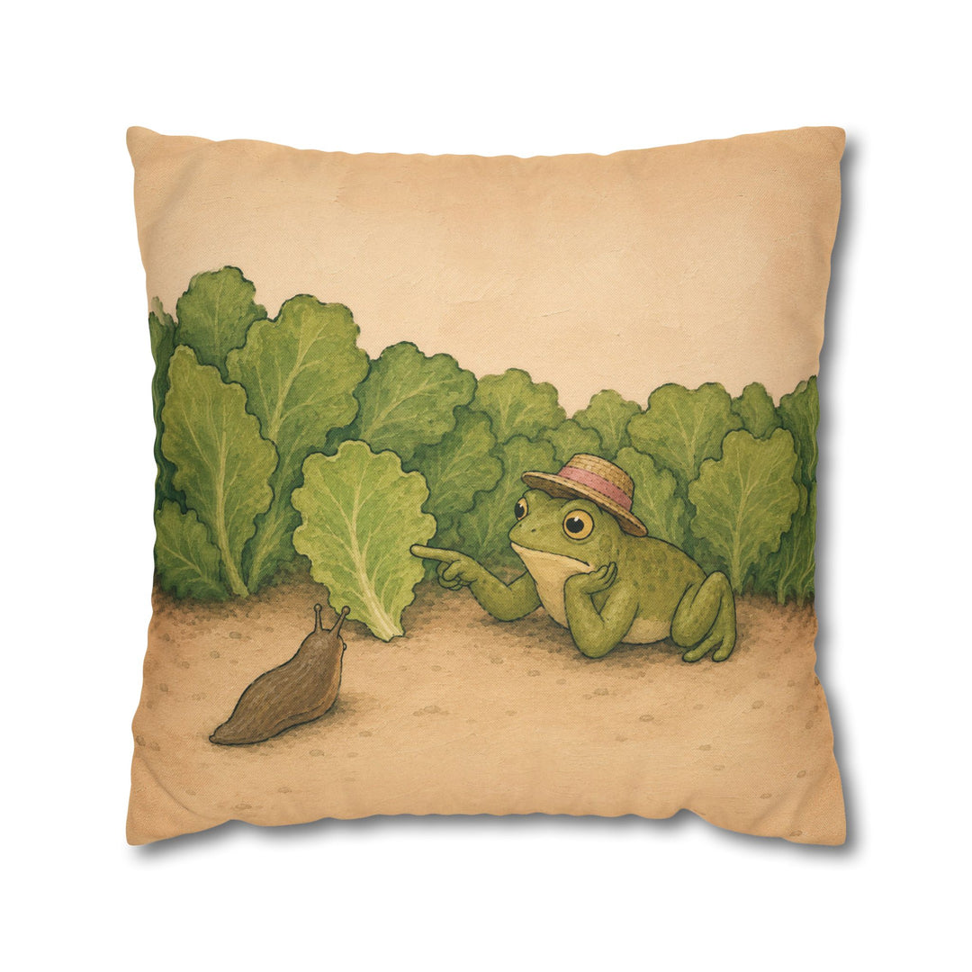Slug Negotiations – Garden Wall Art with a Sun Hat at the Lettuce Line – Pillow / Cover
