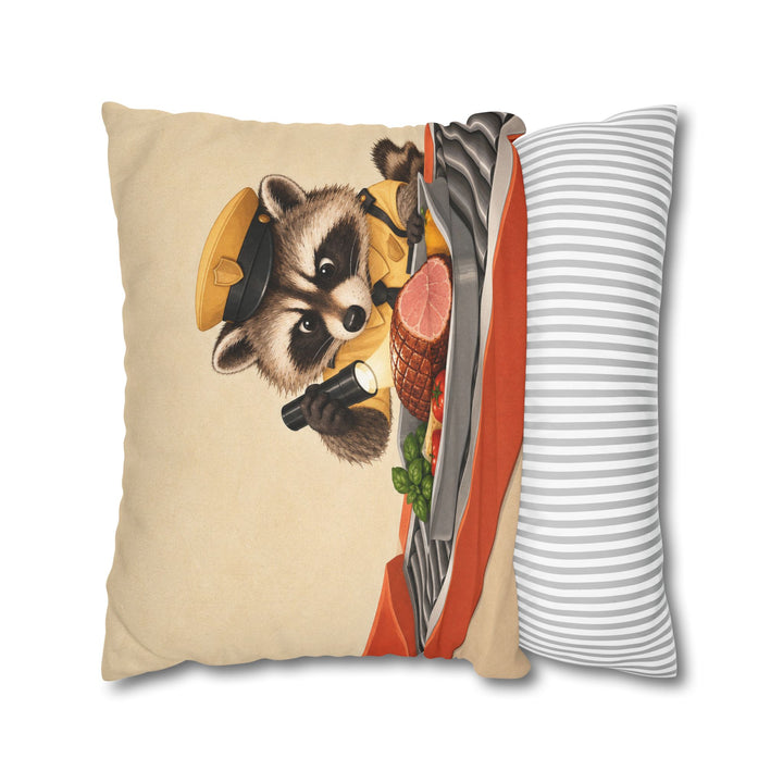 Snack Customs – Funny Kitchen Art with a Raccoon Inspecting Groceries – Pillow / Cover