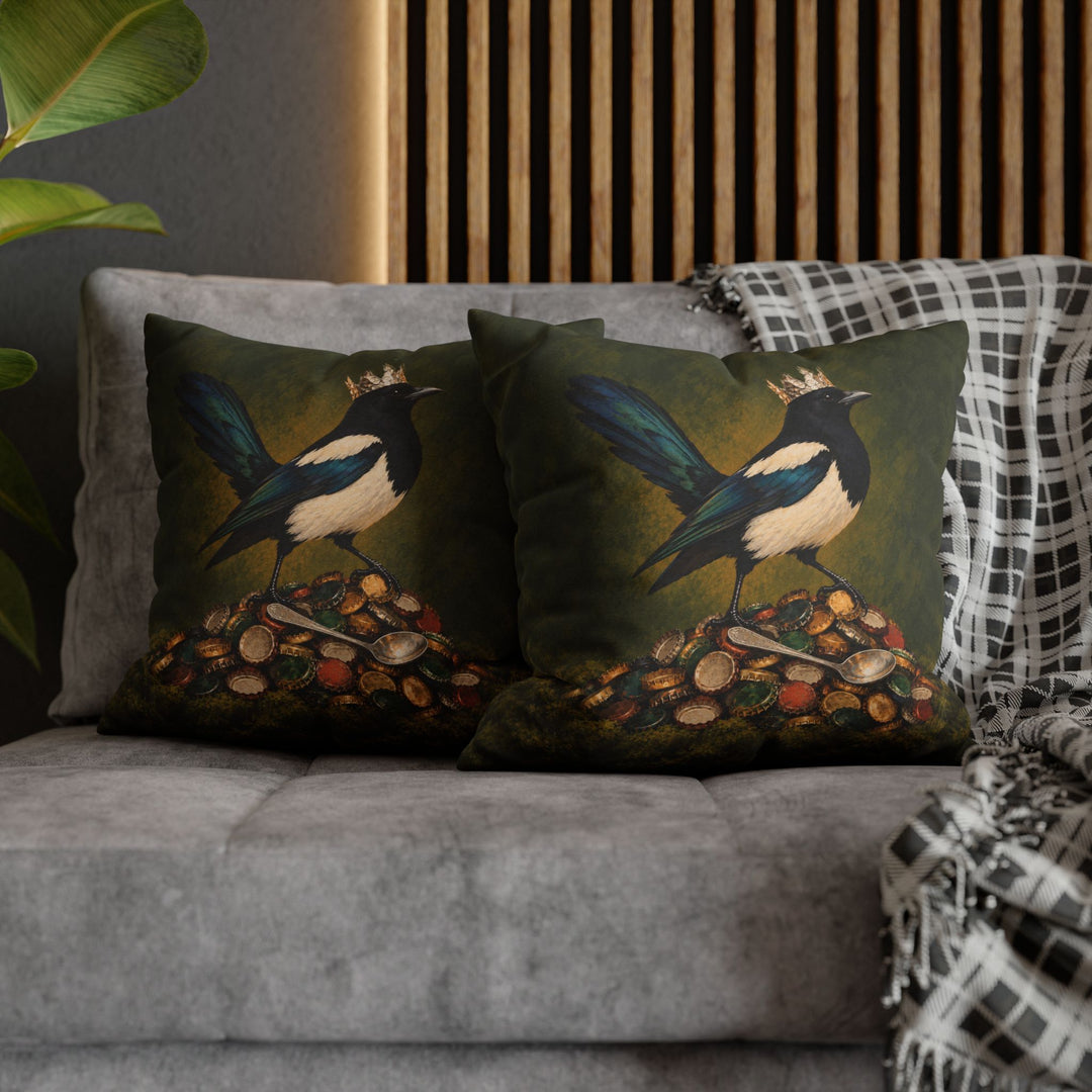Shiny Thing Acquired – Magpie Art with a Hoard of Caps and One Gold Ring – Pillow / Cover
