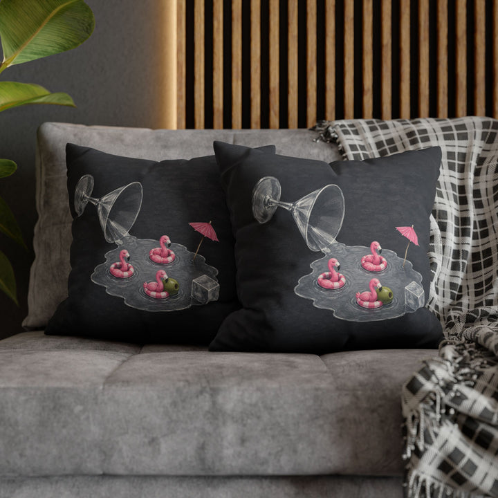 Happy Hour – Cocktail Wall Art with a Tipped Glass and Flamingos – Pillow / Cover