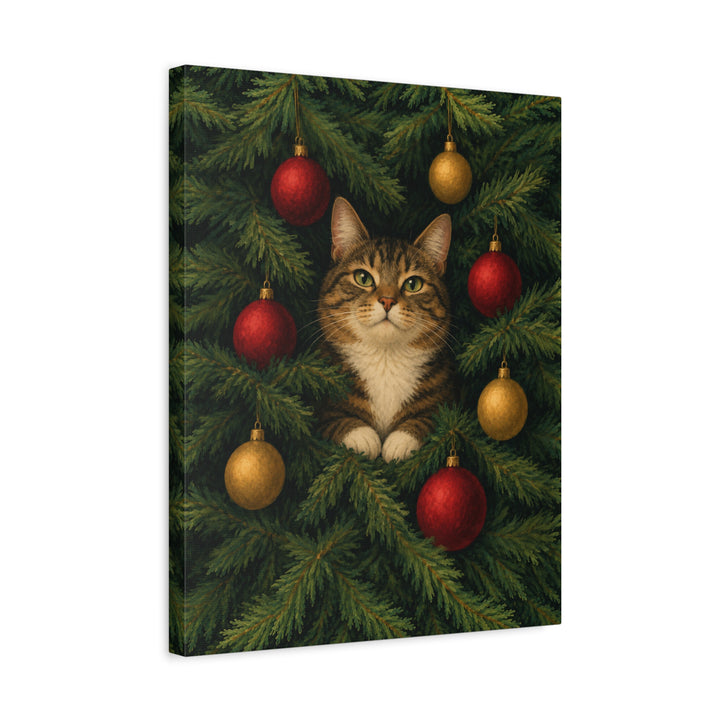The Tree Inspector – Christmas Wall Art with a Cat Deep in the Branches – Canvas / Framed Canvas