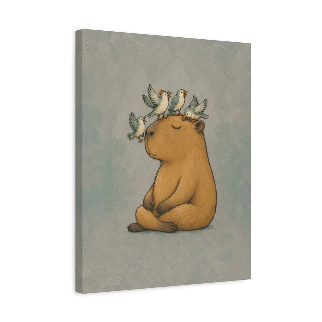 Breathwork – Yoga Decor with a Capybara Amid Landing Birds – Canvas / Framed Canvas
