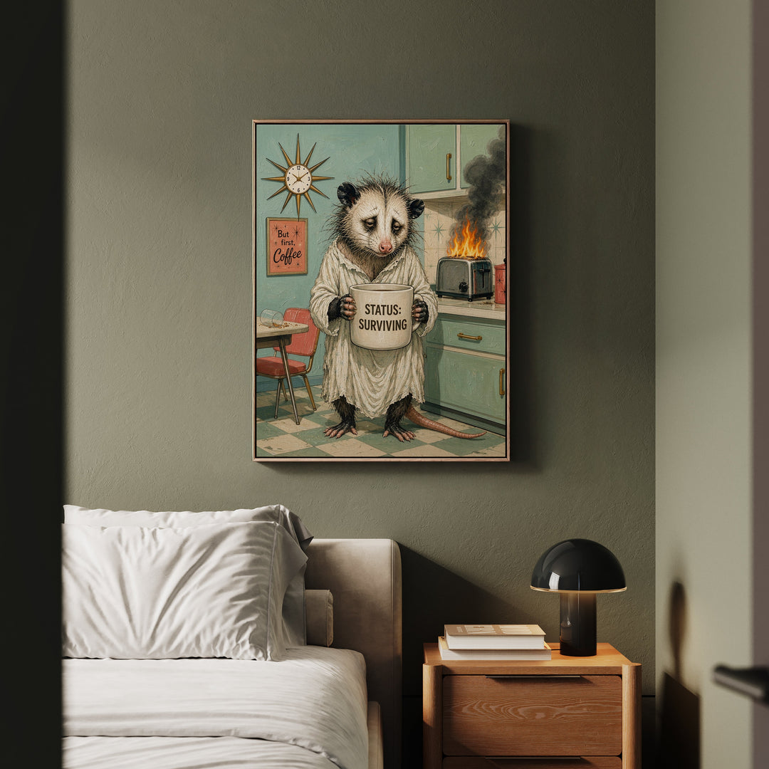 "Status Surviving" - Opossum Vertical Framed Canvas - Dark Burnout Humor Wall Art