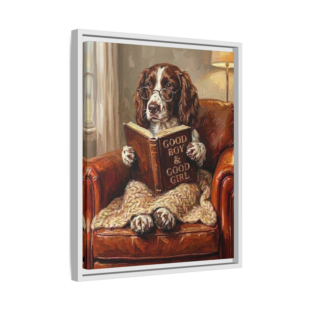 "Evening Read" - English Springer Spaniel Vertical Framed Canvas - Dog Lover Wall Art