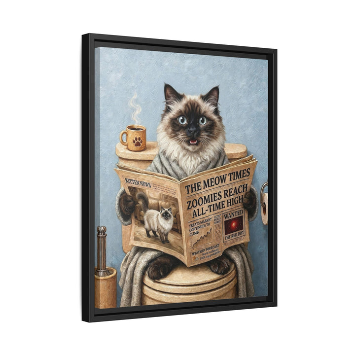 "Morning Business" - Fluffy Colorpoint Vertical Framed Canvas - Cat Lover Wall Art