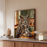 "Coffee & Silence" - Owl Vertical Framed Canvas - Spirit Animal Wall Art