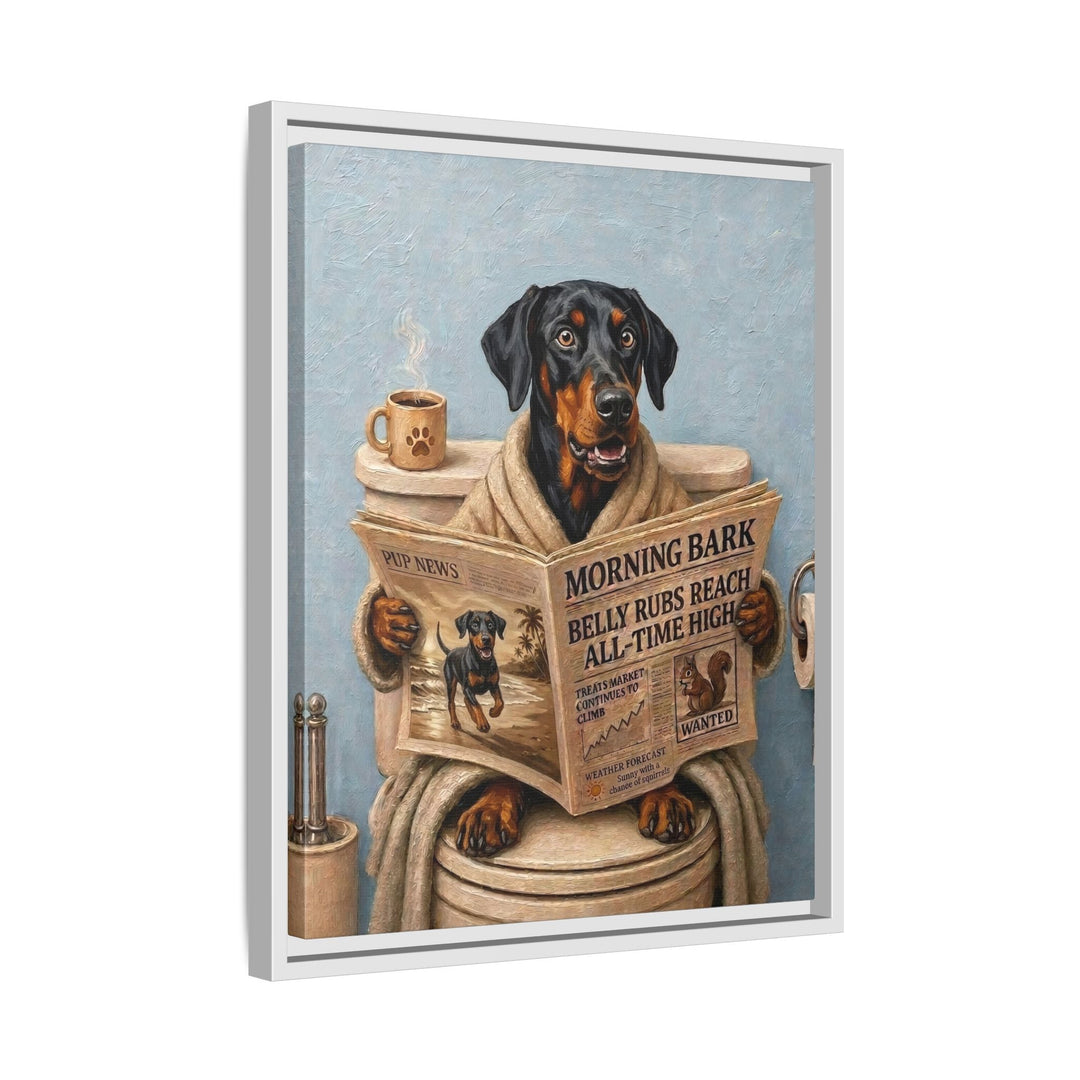 "Morning Business" - Doberman Vertical Framed Canvas - Dog Lover Wall Art