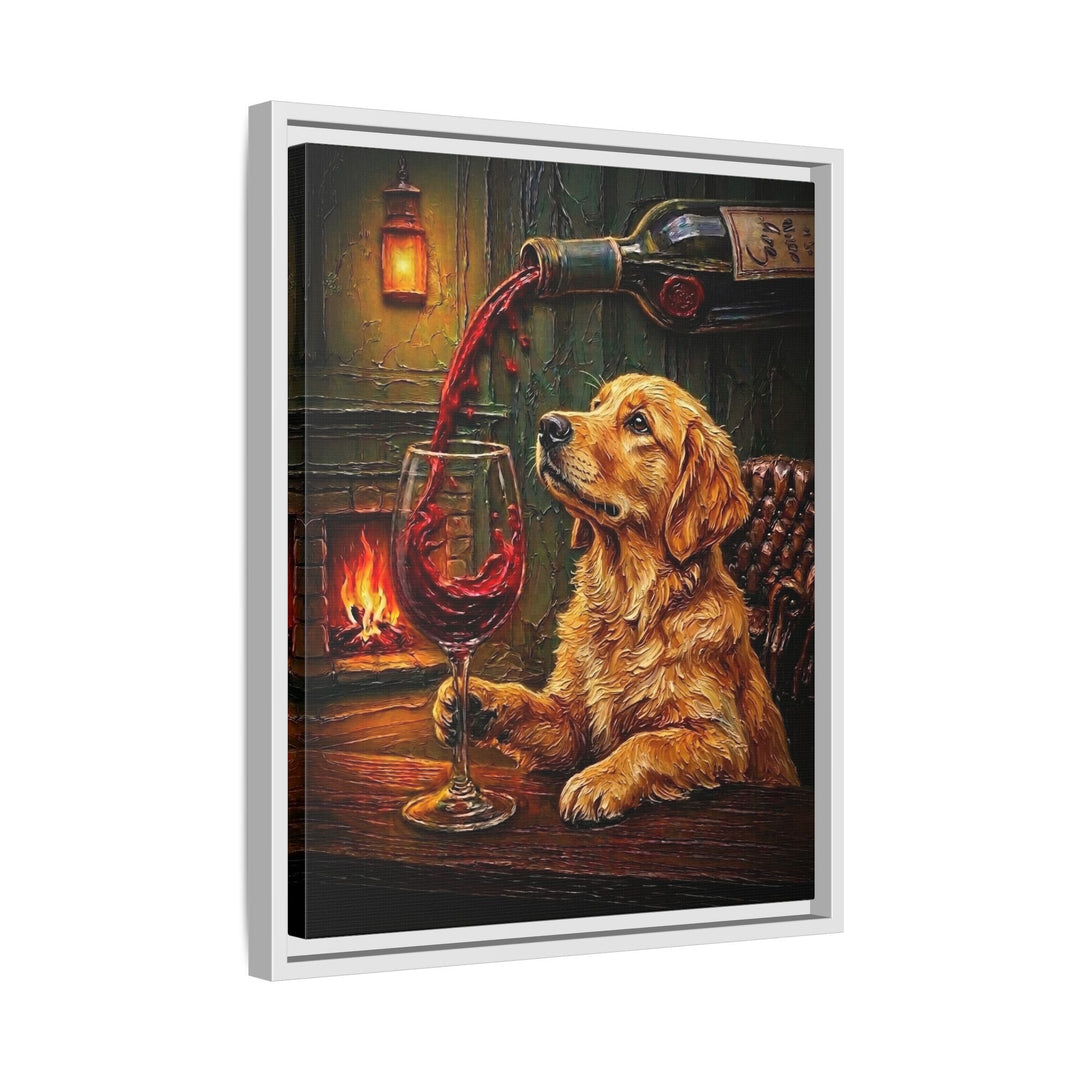 "Wine & Woof" - Golden Retriever Vertical Framed Canvas - Dog Lover Wall Art
