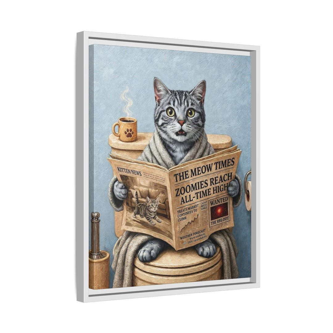 "Morning Business" - Grey Silver Tabby Vertical Framed Canvas - Cat Lover Wall Art