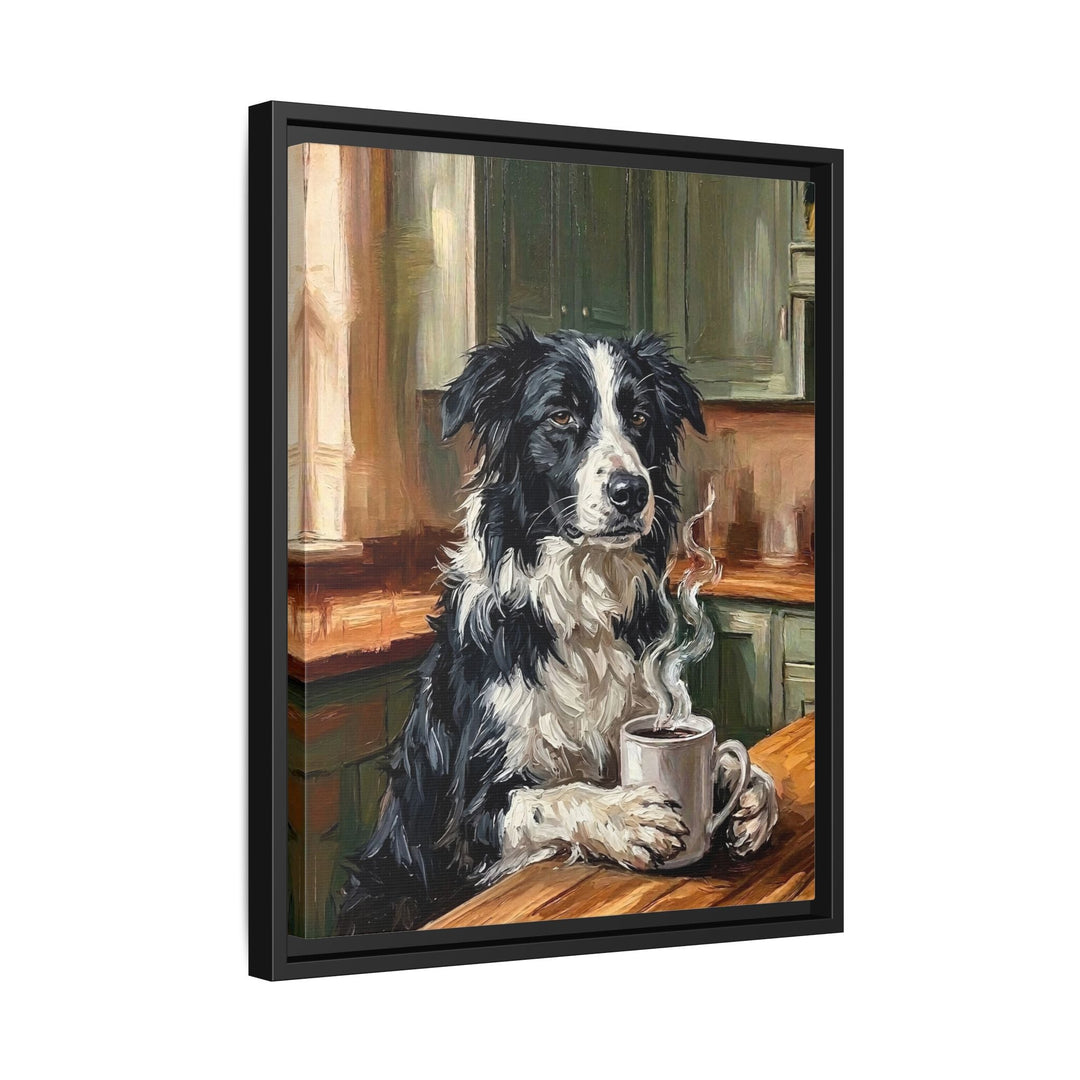 "Before Coffee" - Border Collie Vertical Framed Canvas - Dog Lover Wall Art