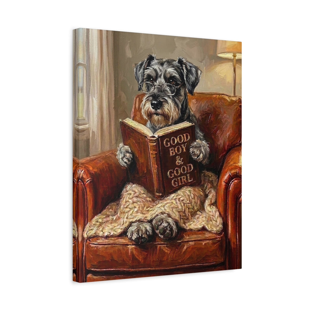 "Evening Read" - Schnauzer Vertical Canvas - Dog Lover Wall Art