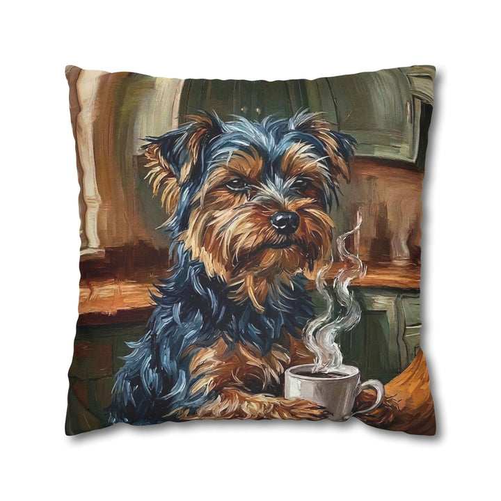 "Before Coffee" - Yorkie Throw Pillow - Dog Lover Home Decor