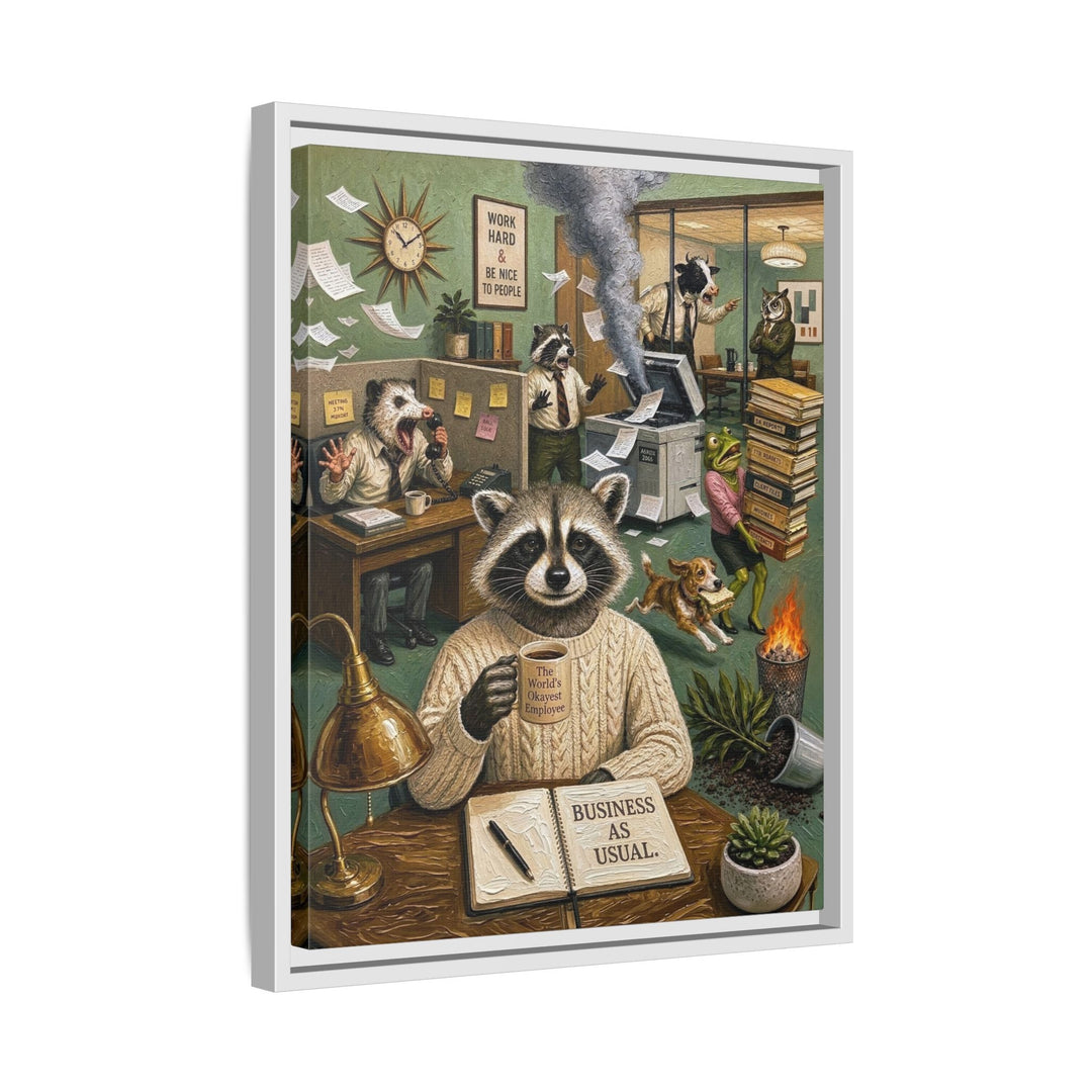 "Business As Usual" - Raccoon Vertical Framed Canvas - Dark Burnout Humor Wall Art