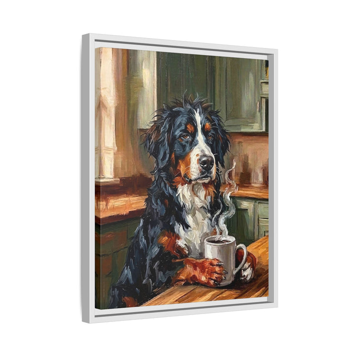 "Before Coffee" - Bernese Mountain Dog Vertical Framed Canvas - Dog Lover Wall Art