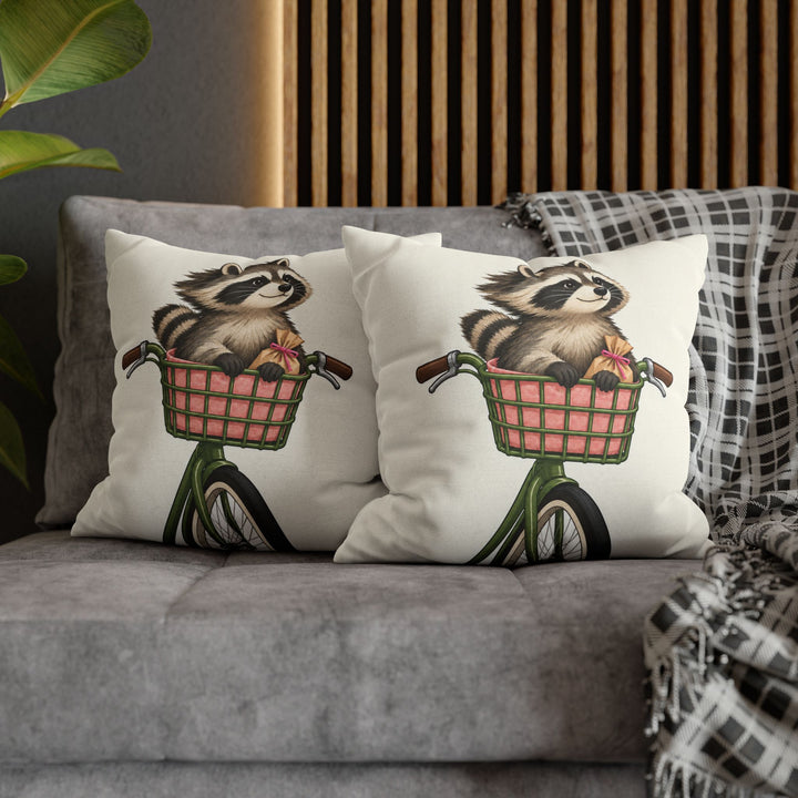 The Commuter – Raccoon Decor with a Bicycle Basket Ride – Pillow / Cover