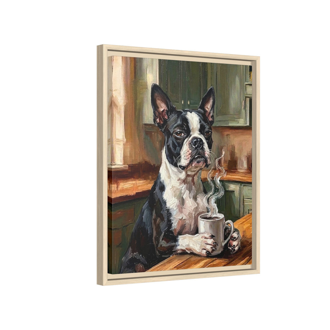"Before Coffee" - Boston Terrier Vertical Framed Canvas - Dog Lover Wall Art