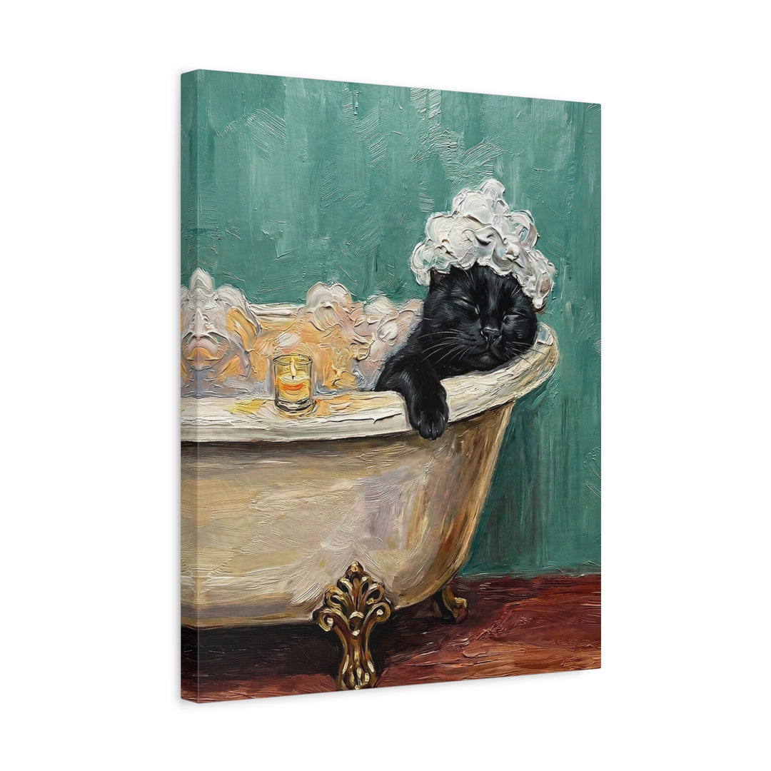 "Spa Day" - Black Vertical Canvas - Cat Lover Wall Art