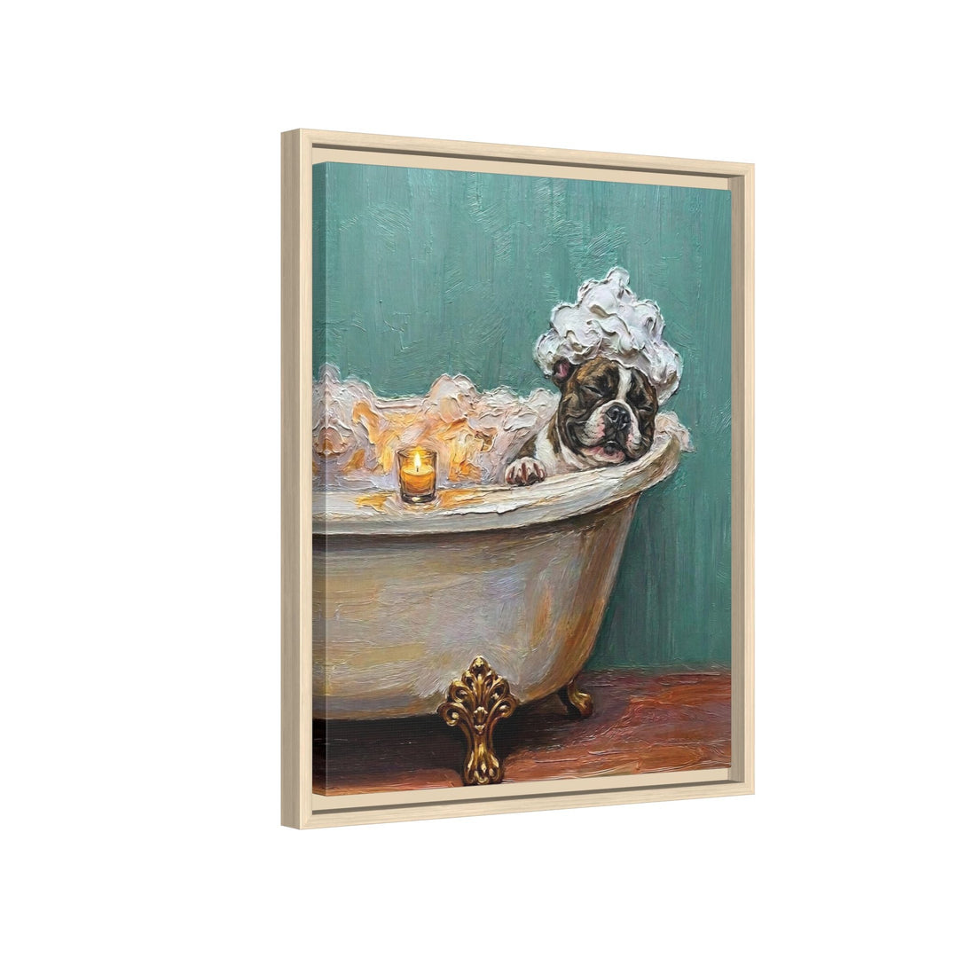 "Spa Day" - French Bulldog Vertical Framed Canvas - Dog Lover Wall Art