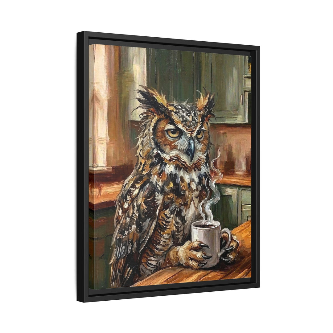 "Coffee & Silence" - Owl Vertical Framed Canvas - Spirit Animal Wall Art