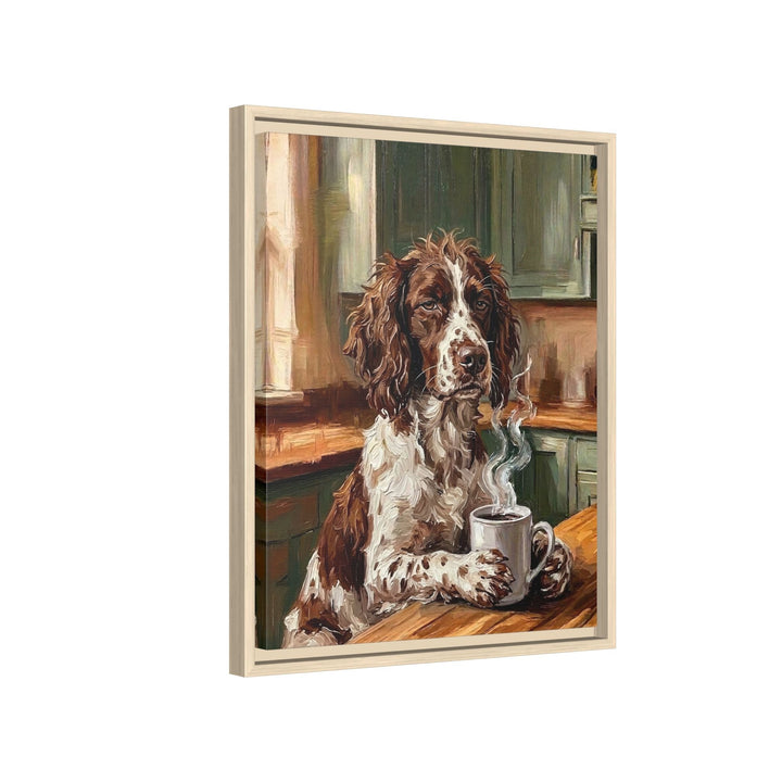 "Before Coffee" - English Springer Spaniel Vertical Framed Canvas - Dog Lover Wall Art