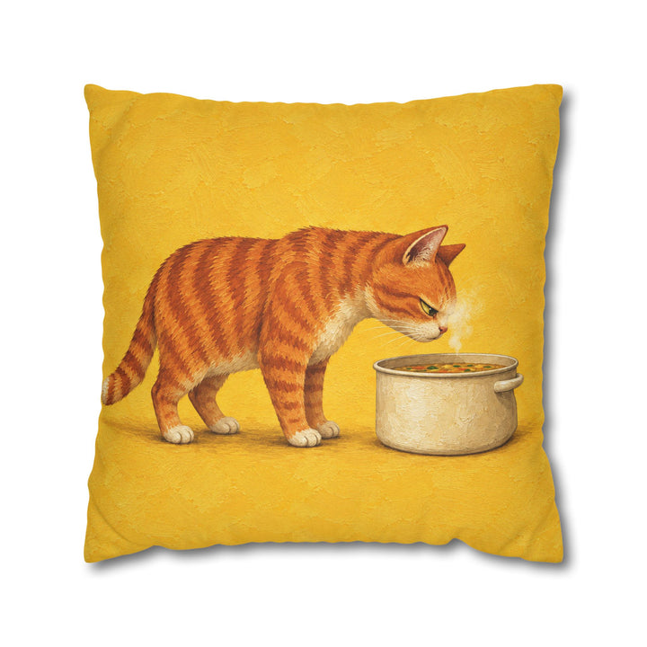 Soup Critic – Funny Kitchen Art with a Cat Above the Steaming Pot – Pillow / Cover