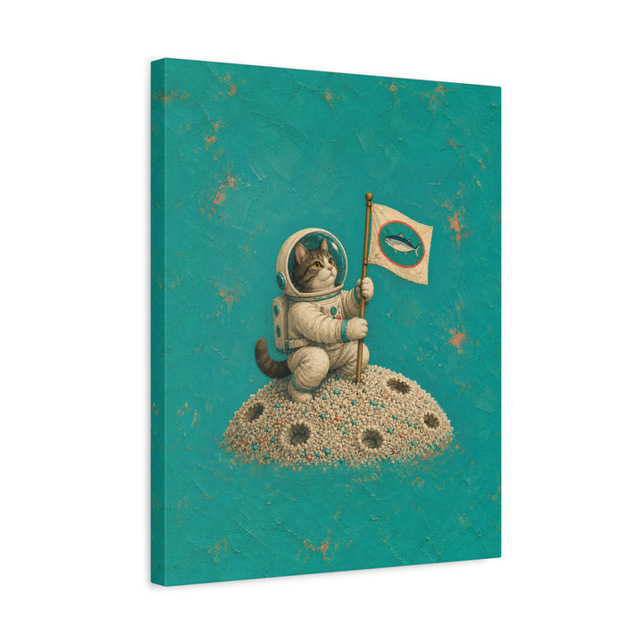 One Small Step – Whimsical Wall Art with an Astronaut Cat and a Flag – Canvas / Framed Canvas